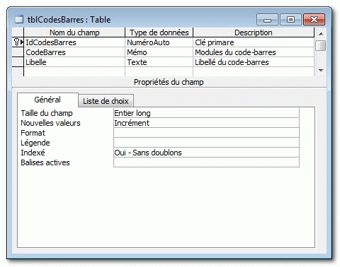 Propriétés de la table tblCodesBarres